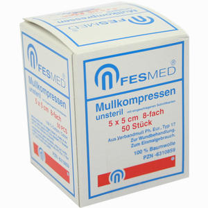 Mullkompressen Unsteril 5x5 Es 8f  50 Stück - ab 2,80 €