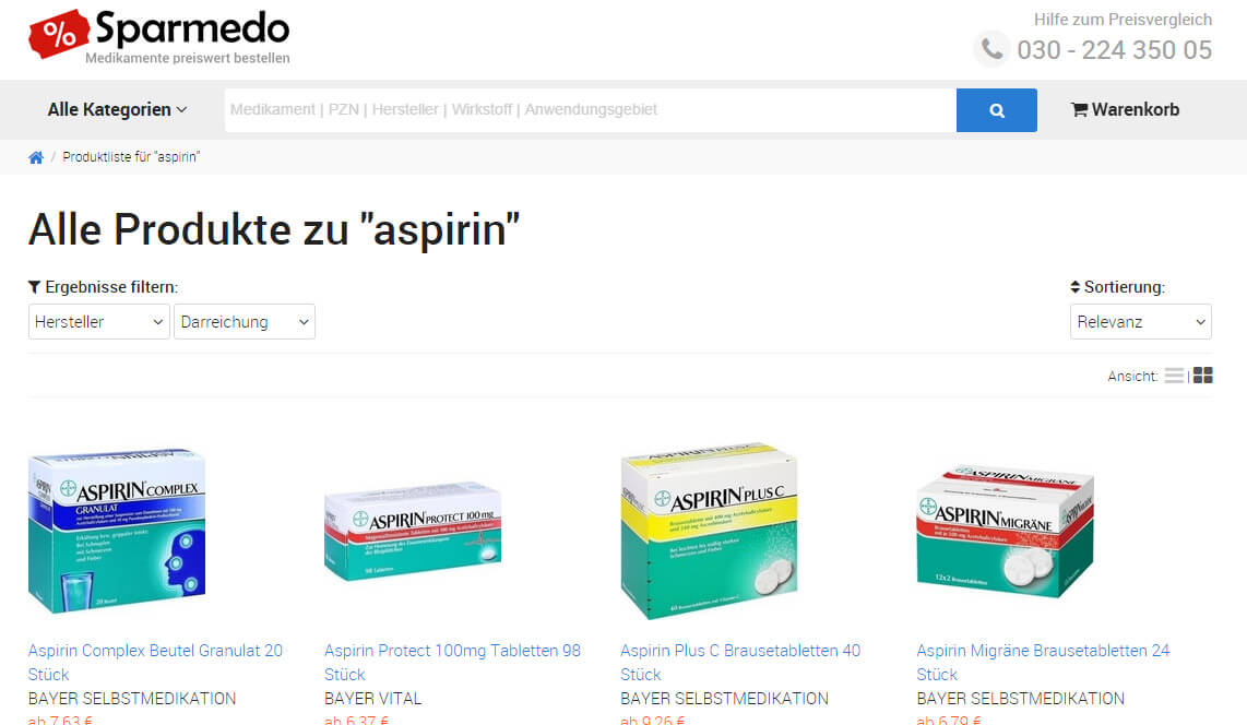 Screenshot Sucheergenis Bsp.: Aspirin