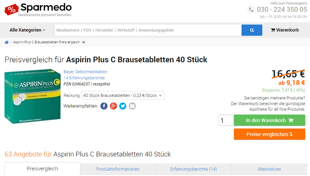 Screenshot Vorschlagsuche Bsp.: Aspirin Plus C